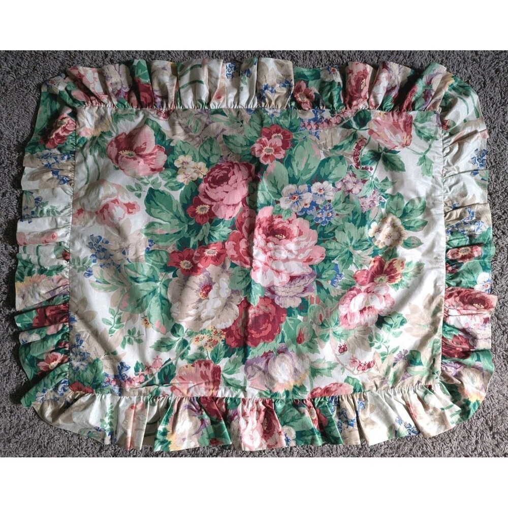 Vintage Cottage Floral Ruffle Pillow Sham Glazed Cotton Rose French Country Std